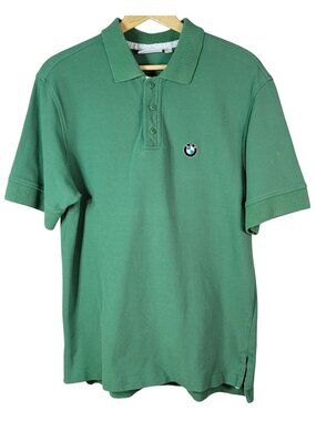 BMW Mens Polo Shirt Green Large 100% Cotton Short Sleeve Embroidered Logo